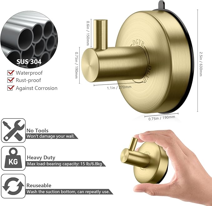 DGYB Suction Cup Hooks - Gold Towel Hooks for Bathrooms - SUS 304 Stainless Steel - 15 Lb Capacity