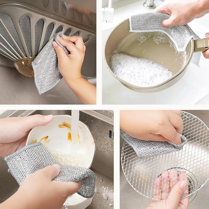 Cecurpo Multipurpose Wire Dishwashing Rags, New Silver Stainless Steel Dishwashing Cloth for Wet and Dry, Reusable Premium Metal Scrubbing Pads Sponge Clean Tool for Home Kitchen (10)
