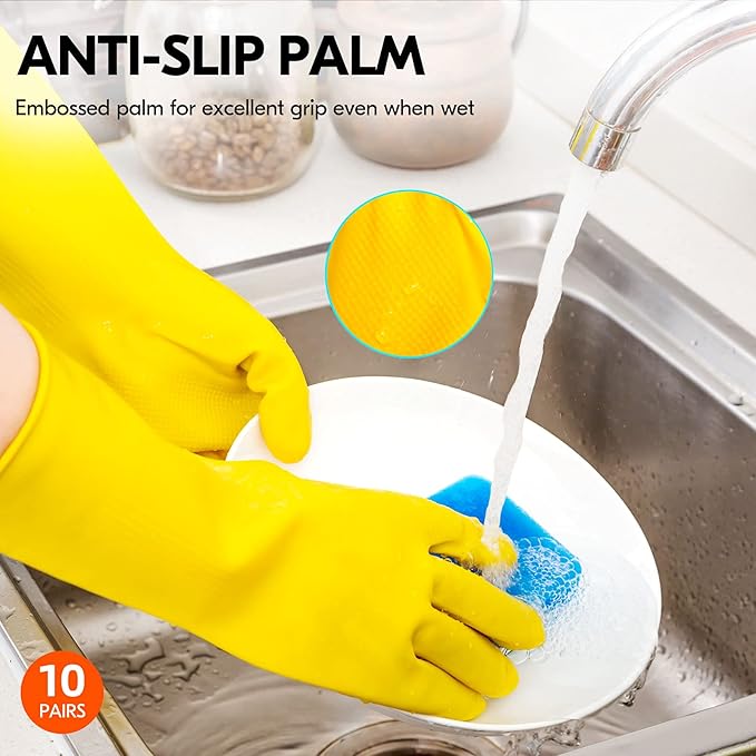 Vgo... 10-Pairs Reusable Household Gloves, Rubber Dishwashing gloves, Extra Thickness, Long Sleeves, Kitchen Cleaning, Working, Painting, Gardening, Pet Care (Size L, Yellow, HH4601)