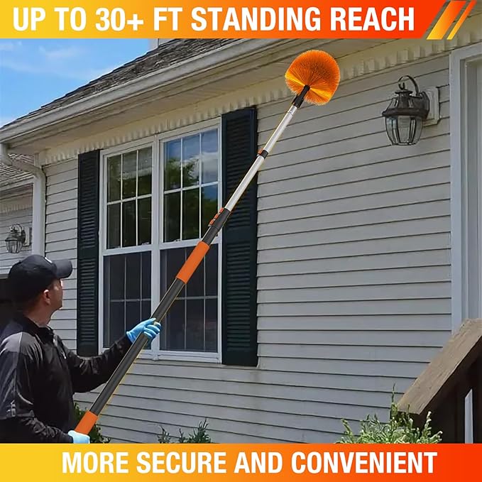 LAANPOLE 30FT (36FT Reach) Cobweb Duster with Extension Pole, Spider Web Brush for Cleaning Extendable, Professional Ceiling and Corner Dusters for Outdoor Indoor Use