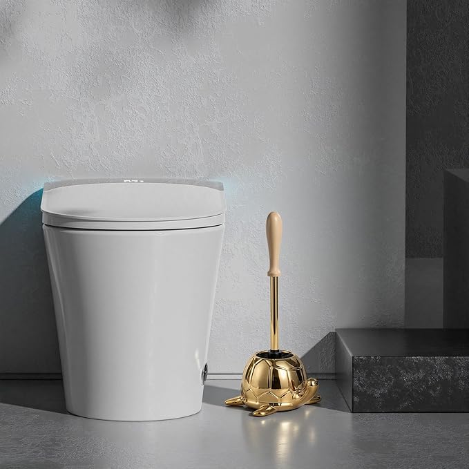Turtle Base Toilet Brush Set - Gold Ceramic Toilet Scrubber Brush 7.5” Bowl Cleaner with Ergonomic Handle, Mini Cute Bathroom Cleaning Brush - Bathroom Decor