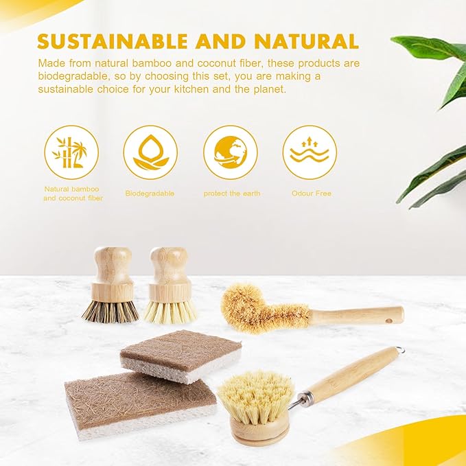 DEBETOOL 6 Piece Bamboo Dish Brush Set with Coconut Sponge - Wooden Dish Brush with Sisal and Palm Fiber, Natural Bamboo Dish Scrub Brush for Kitchen Cleaning Dishes, Pots, Pans, Bottles, Vegetables