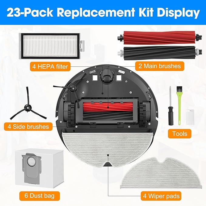 DrRobor Q5 Max+ Replacement Accessories Kit 23PCS Compatible with Roborock Q8 Max+/Q5 Pro+/Q5 Max+/Q5 DuoRoller+ Includes Dual Main Brush, HEPA Filters, Mop Pads, Side Brushes, Cleaning Tools