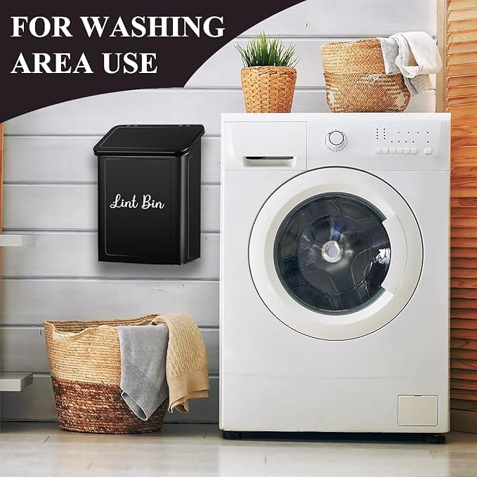 Magnetic Lint Bin with Lint Brush, two white hooks, one black back hook & all accessories for Laundry Room decor, Wall-Mounted Lint Bin with Lid, Black Powder Coated, Space-Saving Trash Can (Black)