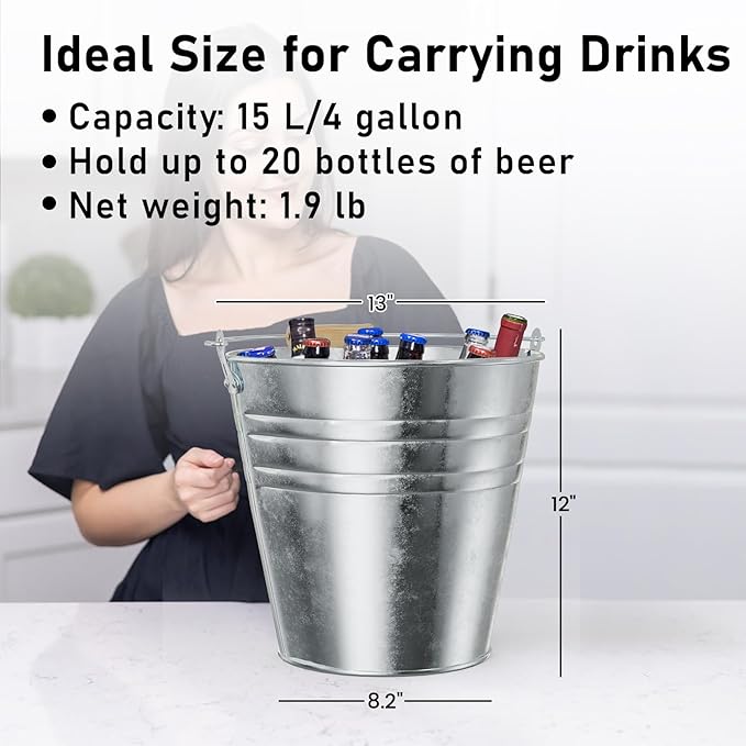 4 Gallon Galvanized Ice Bucket - Large Rustproof Metal Bucket Drink Tub with Wood Handles - 13" Beverage Bucket for Party BBQ Wedding Home Décor & Storage - 13"L x 13"W x 12"H - 2 Pack