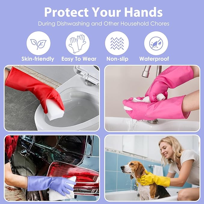 Rubber Kitchen Dishwashing Gloves - 4 Pairs Colorful Reusable Cleaning Gloves for Kitchen Washing Dishes and Household Cleaning (Medium, Blue+Pink+Yellow+Red)