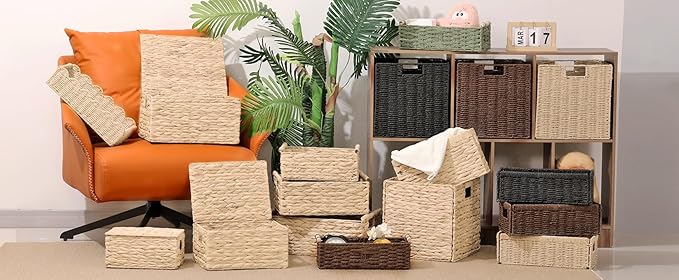 Paper Rope Storage Baskets with Handles, Wicker Storage Basket, Toilet Paper Basket for Toilet Tank Top, Bathroom Toilet Paper Storage Wicker Baskets for Organizing Shelves, 2-Pack, Black