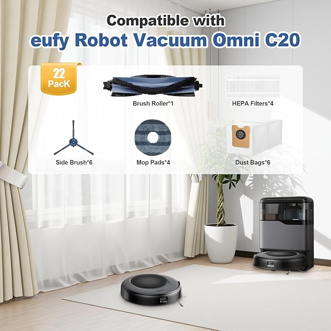 22 Pack C20 Omni Replacement Parts Accessories for Eufy C20 Omni Robot Vacuums kit, 1 Roller Brush, 4 HEPA Filters, 4 Mop Pads, 6 Side Brushes, 6 Dust Bags 1 Clean Tool