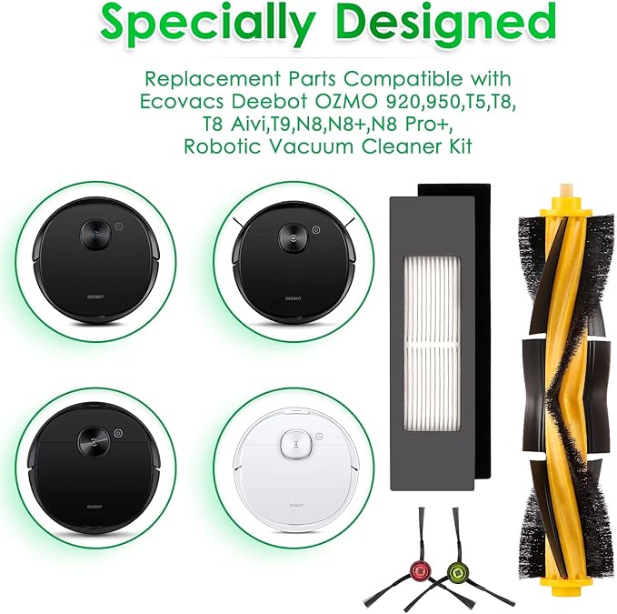 N10 Replacement Parts for Robot Vacuum Ecovacs DEEBOT OZMO N10 N10 Plus 920 950 T8 AIVI Max T9 T5 N5 N7 N8+ N8 Pro Plus Robot Vacuum Accessories, 1 Main Roller Brush, 3 HEPA Filters, 6 Side Brushes