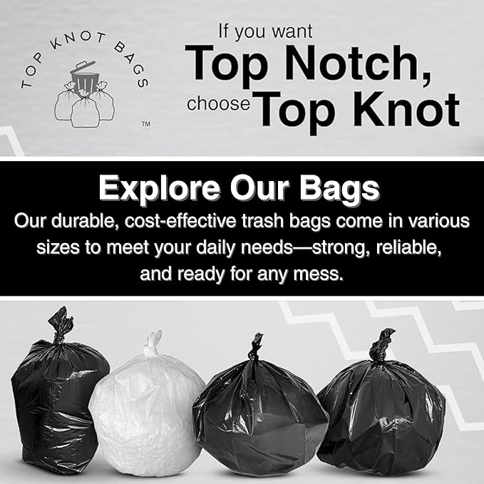 Top Knot Bags 33 Gallon Garbage Trash Bag 33X40" Clear 150 Count Can Liner Bulk 30 Gallon 31 Gallon 32 Gallon 34 Gallon 35 Gallon Made in USA