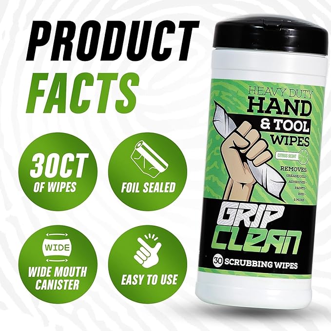 Grip Clean Heavy Duty Hand & Tool Cleaning Wipes β Waterless Hand Cleaner for Mechanics, Garage & Shop Use β Dual-Sided Grease, Oil & Paint Remover Wipes with Citrus Scent - 30ct (6 Pack)