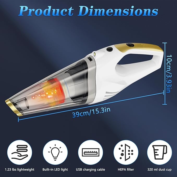 XGJUCE Handheld Vacuum Cordless,Car Vacuum Portable Cordless Rechargeable Hand Vacuum with LED Light, 6kpa Powerful Suction with Three Types of Suction Heads and Filters for Cat/Home/Office Cleaning