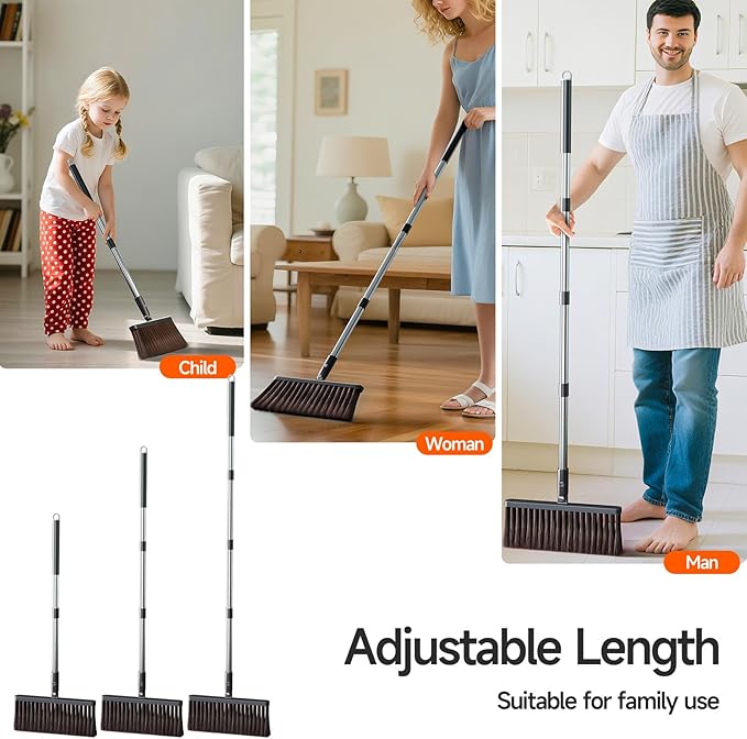CTIME Broom and Dustpan Set, Extra Brush Head & 51.6" Adjustable Long Handle Standing Dustpan Set, with Dust Pan Teeth to Clean Pet Hair, Easy Sweeping Suitable for Home Kitchen Office Lobby