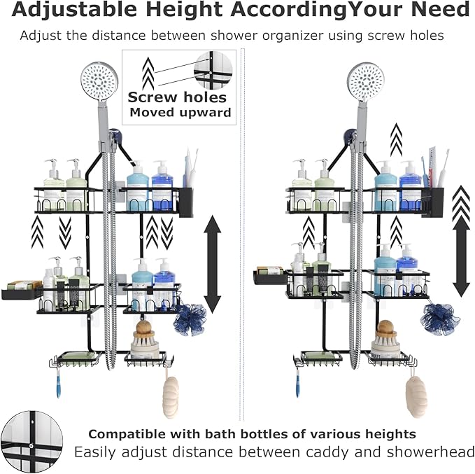 Dotpilgo Shower Caddy Hanging Upgraded Adjustable Rustproof Shower Caddy Shower Organizer for Over Handheld or Fixed Shower Heads with Hooks Soap Holder Toothbrush Holder