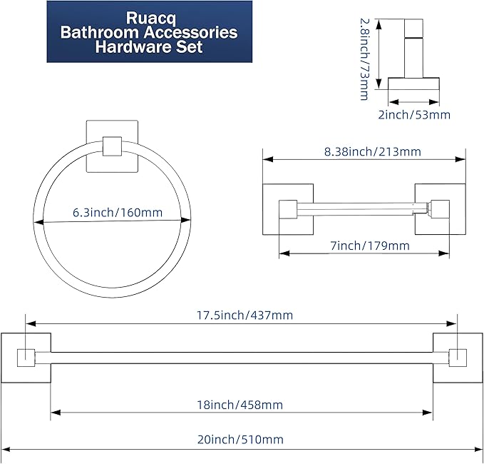 RUACQ 3 Pieces Bathroom Hardware Set, SUS 304 Stainless Steel Toilet Paper Holder, Towel Ring, 18-inch Towel Bar Set, Wall Mounted, Heavy Duty(Chrome)