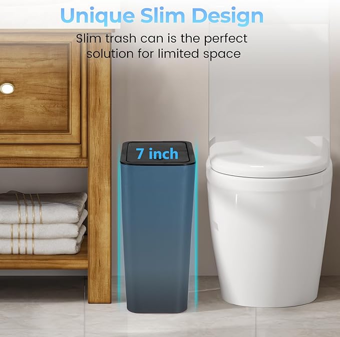 4 Gallon Bathroom Small Trash Can with Lid, 15L Slim Garbage Bin Wastebasket with Pop-Up Lid for Bedroom, Office, Kitchen, Dorm, Fits Under Desk