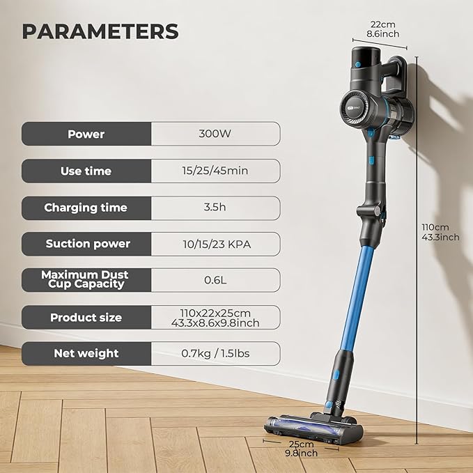 EPROEON Cordless Vacuum Cleaner, 23Kpa 300W Stick Vacuum with Foldable Tube, 45 Mins Runtime, LED Headlight, HEPA Filter, Wall-Mounted Storage, 3-in-1 for Carpet and Hard Floor