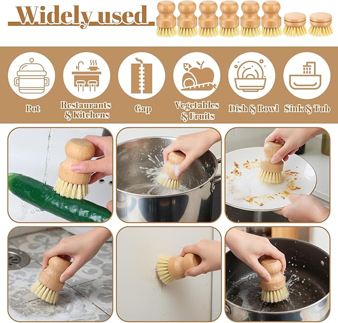 COMNICO Bamboo Dish Brush Set, 9 Pack Kitchen Natural Wooden Cleaning Scrubbers Set Washing Dish Brush Scrubber with Natural Sisal Bristles for Household Cleaning Vegetables
