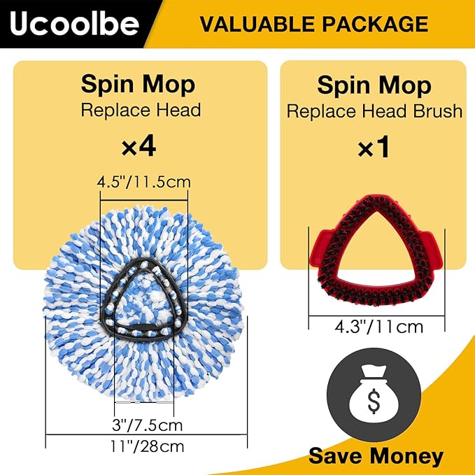 Ucoolbe Spin Mop Replacement Heads for O Cedar RinseClean 2-Tank System, 4 Pack Microfiber Mop Refill Heads, Include 4 Mop Heads and 1 Mop Brush