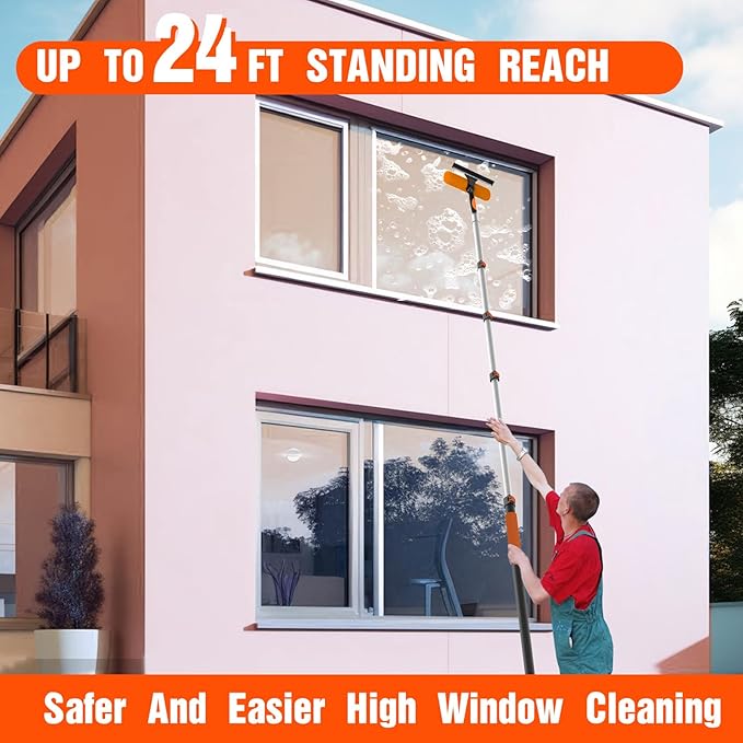 LAANPOLE 30FT Window Squeegee with Extension Pole, 2-in-1 Squeegee for Window Cleaning, Professional Cleaning Kit for Home with 24FT Telescoping Pole for Outdoor Indoor Use