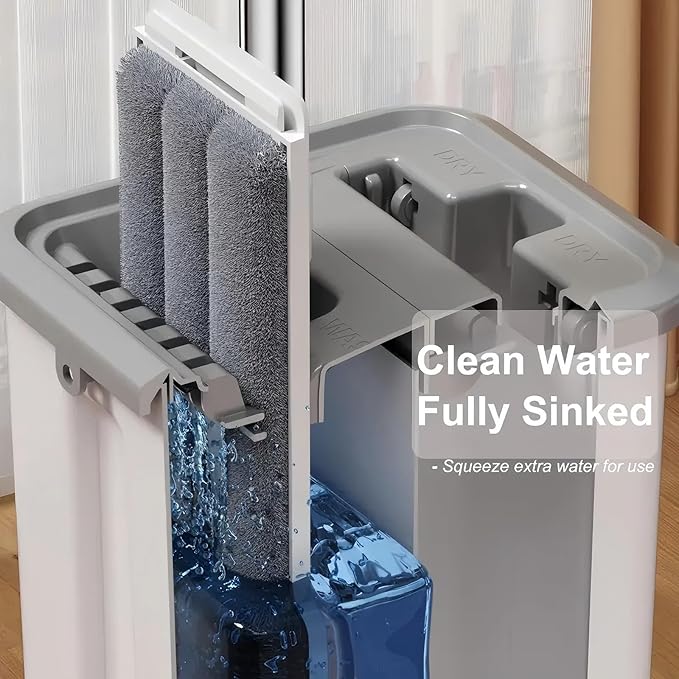 Mop and Bucket with Wringer Set, Hands Free Flat Mops for Floor Cleaning, Wet and Dry Use, Wall Mop Cleaner with 3 Washable Microfiber Pads for Bathrooms, Bedrooms, Living Rooms, Kitchens