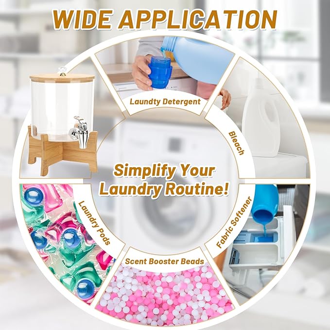 2Pcs Laundry Detergent Dispenser, Laundry Soap Dispenser with Stand, Faucets Acrylic Laundry Detergent Container for Laundry Room Liquid Detergent, Bleach, Fabric Softener Organization and Storage