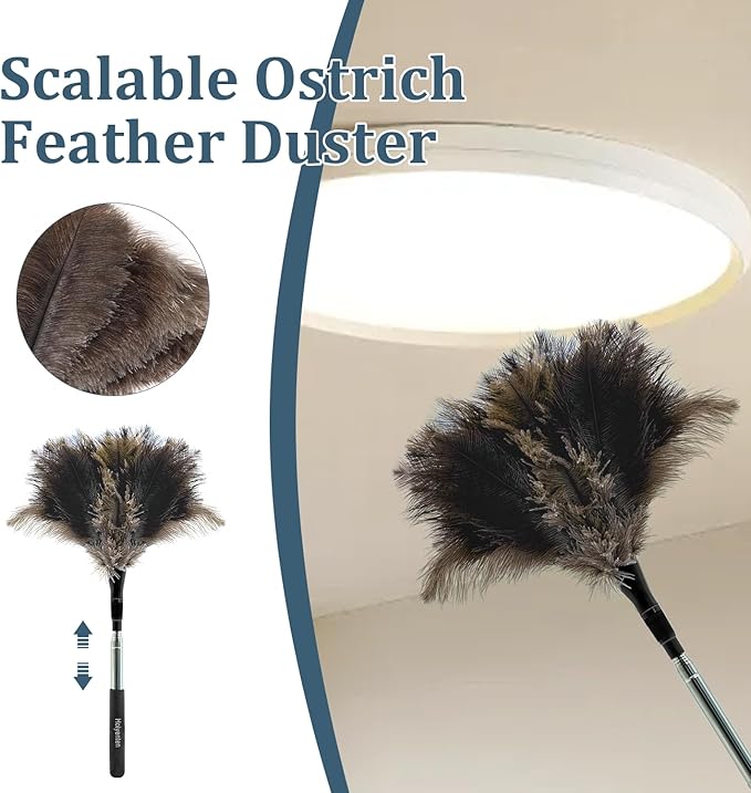 Extendable Feather Duster - 47 inches Fluffy Long Handle Reusable Feather Duster for Cleaning Ceiling Fan,Pendant lamp, High Ceiling, Blinds, Furniture,Ostrich Feather Duster