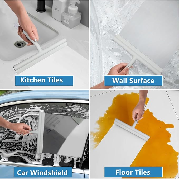 DEOFUXT Shower Squeegee for Glass Doors, Full Silicone Jacketed Squeegee with Ergonomic Handle & No-Drill Hook, Cleaning Tool for Windows, Mirrors, Tiles, Bathroom & Car - Grey