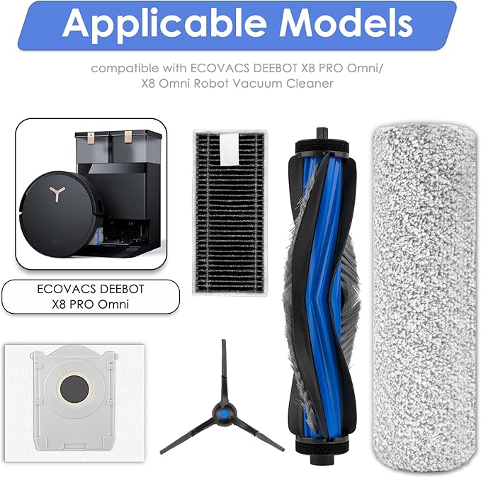 (11 Pack) X8 Pro Omni Replacement Parts Compatible with DEEBOT X8 Pro Omni Robotic Vacuum Cleaner, 1 Roller Brush, 2 Brush Rolleres, 2 Side Brushes, 3 Dust Bags, 3 Filters, Accessories Kit