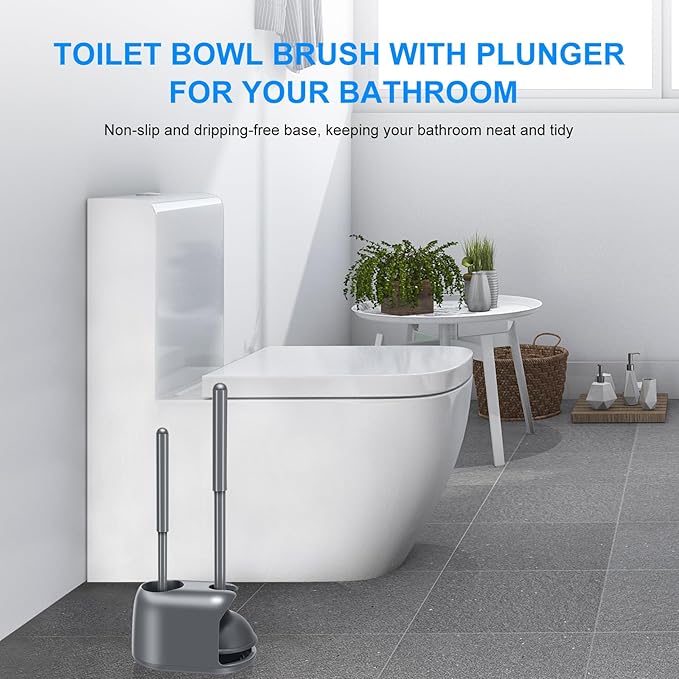 SetSail Toilet Brush and Plunger Set, Toilet Plungers for Bathroom Heavy Duty Toilet Bowl Brush and Holder Hidden Toilet Plunger and Brush Set for Deeply Cleaning - Gray