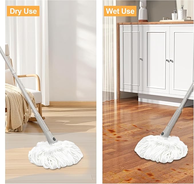 TRENNCHI Self Wringing Mop for Floor Cleaning with 2 Reusable Heads, Easy Wringing Twist Mop with 55 Inches Long Handle and Top Scouring Pad, Wet and Dry Mops