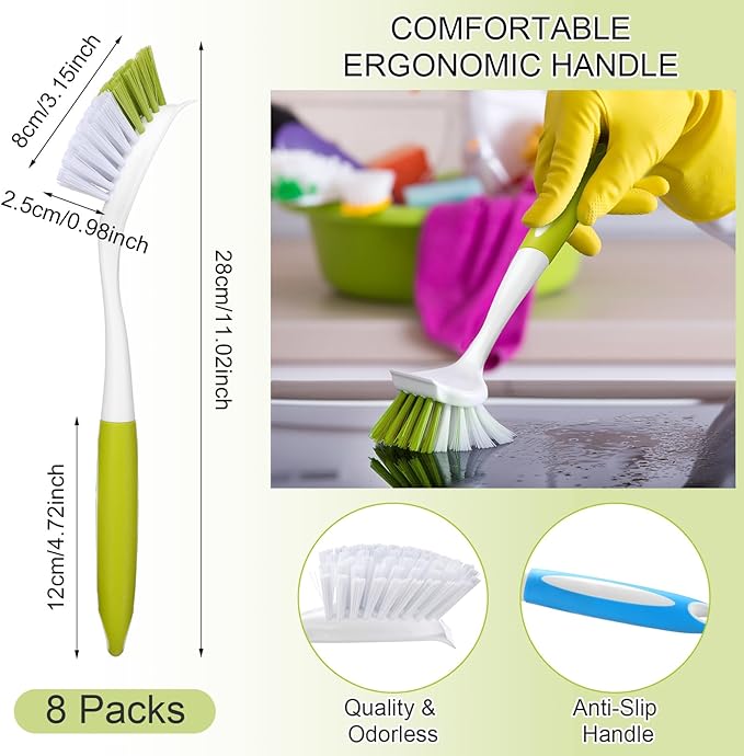 8 Pcs Dish Brush with Handle Kitchen Scrub Brush Pot and Pan Cleaning Brush Dish Scrubber with Stiff Bristle for Cookware Sink Washing Household, 4 Colors, 9.84 x 3.15 x 0.98 Inch