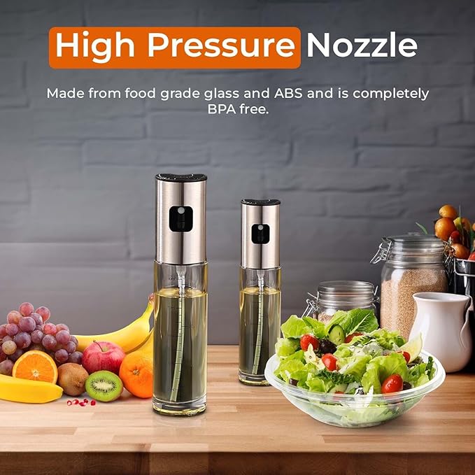 VIGOR PATH Oil Sprayer Mister - 100ml Stainless Steel Cooking Oil Sprayer Bottle for Air Fryer, BBQ, Salad, Baking, and Roasting - Refillable Oil, Vinegar, Sprayer for Kitchen Gadgets - Pack of 2