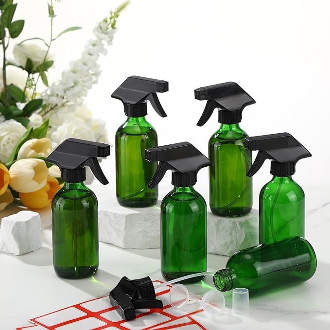 Norme 24 Pcs Glass Spray Bottles with Funnels and Labels 8 oz Refillable Cosmetic Empty Spray Containers with Trigger Squirt Containers for Essential Oil Cleaning Solutions(Green)