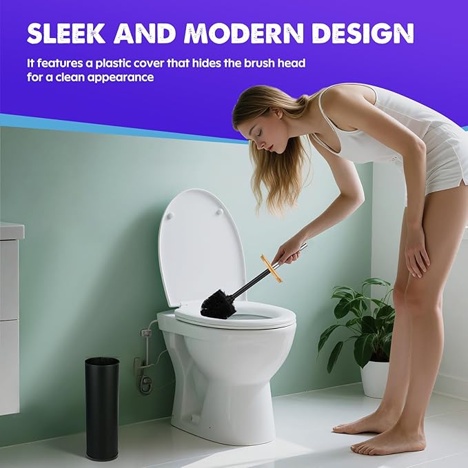 ODJSY Compact Toilet Brush & Holder,SetStainless Steel Handle Toilet Brush,Deep Cleaning,Durable Nylon Bristles,Splash-Proof Design(White&Black)