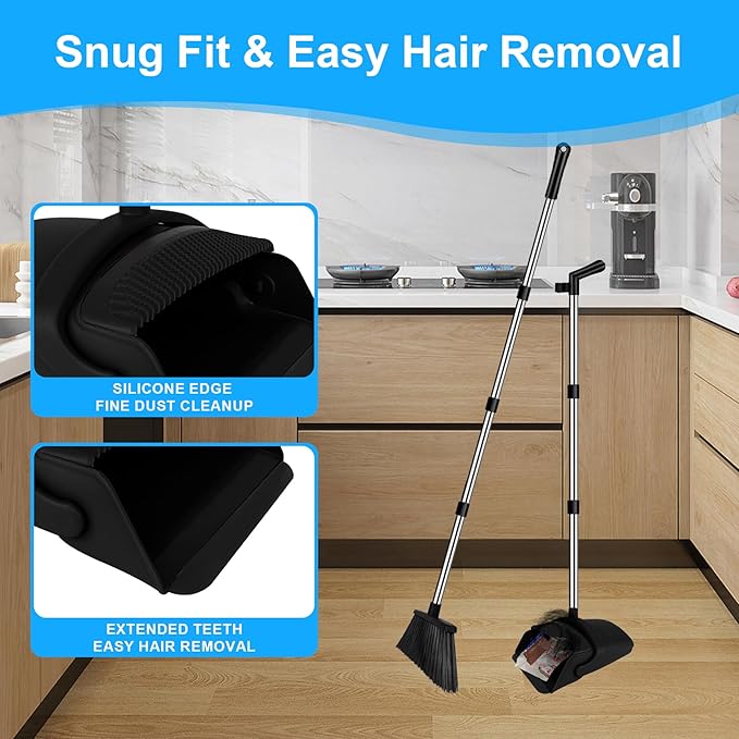 UDUK Broom with Dustpan Combo Set and Silicone Air Broom Kit, 51" Long Handle Floor Squeegee, Black Household Kit for Glass Window Rugs Pet Hair Home