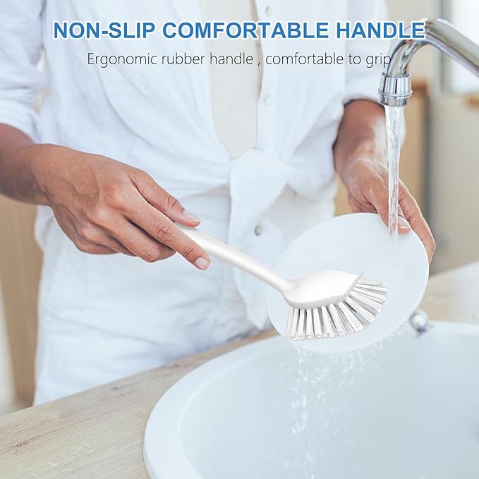 SetSail Dish Brush with Handle, 2 Pack Stiff Bristles Dish Scrubber with Built-in Scraper Dish Scrub Brushes for Cleaning Dishes, Pots and Pans, Kitchen Sink, 3 Pack, Grey White