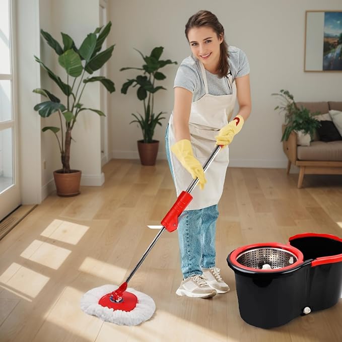 Spin Mop and Bucket with Wringer Set, 360° Spinning Mop Bucket System with 3 Microfiber Mop Replacement Heads Refills,56" Stainless Steel Extended Handle for Floor Cleaning Home(20QT) (Green) (Black)