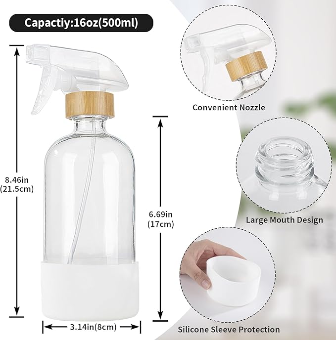 HOMBYS Empty Bamboo Glass Spray Bottles with Silicone Sleeve Protection - Refillable 17 oz Clear Glass Containers for Cleaning Solutions, Essential Oils, Misting Plants - Quality Sprayer - 1 PCS