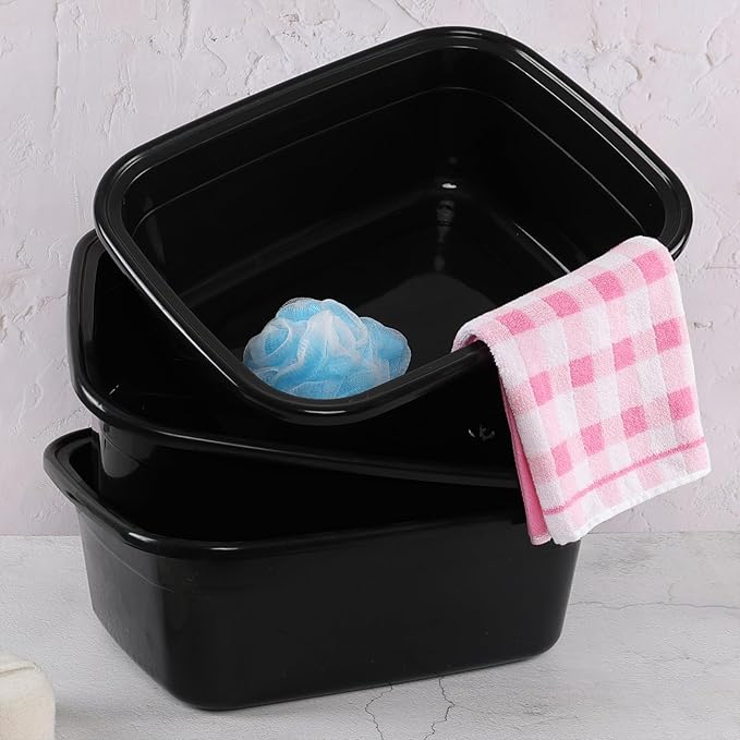 3-Pack 16 Quart Plastic Wash Basins, Rectangular Dishpan Tub, Black