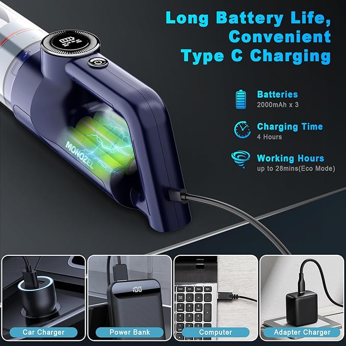MONOZEL Handheld Vacuum Cordless - Car Vacuum Cleaner with Brushless Motor, 15kPa Powerful Suction Vacuum with LED Light, Type C Port, 2 Fliters, Portable Hand Vacuum for Home, Pet and Car