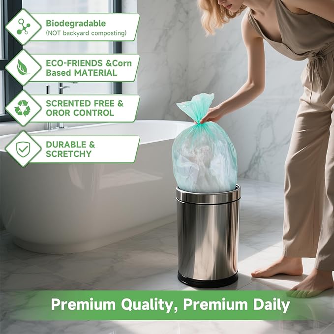 3 Gallon Trash Bag Bathroom Green-Unscented - Small Kitchen Mini Garbage Bags Biodegradable Compostable 100 Count Strong Can Bin Liners for Car Office Bulk Waste Basket Liner Heihaily