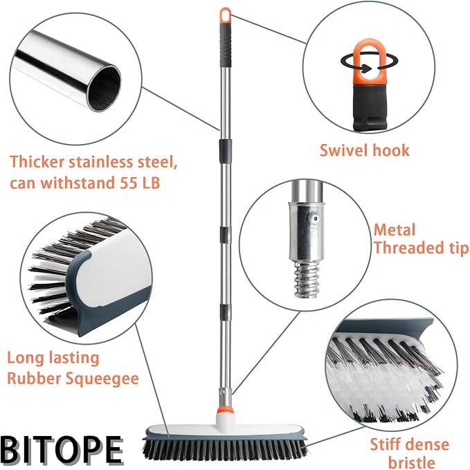 Heavy Duty Floor Scrub Brush and Grout Cleaner Set with Long Handle & Wide Floor Brush with Stiff Bristles Outdoor Scrubber for Cleaning Deck Tile Kitchen Swimming Pool Bathroom(2 Pack Brush Head)