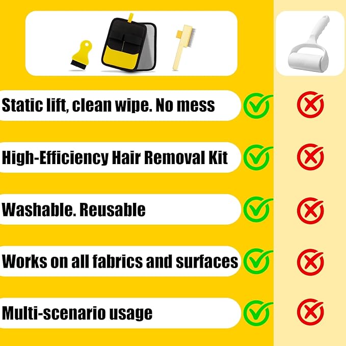 Udihch Electrostatic Pet Hair Removal Glove - Reusable Pet Hair Removal Glove with Cleaning Brush & Flea Comb for Cats & Dogs, Washable for Clothing, Couch, Carpet, Car Seat (Black/Yellow)