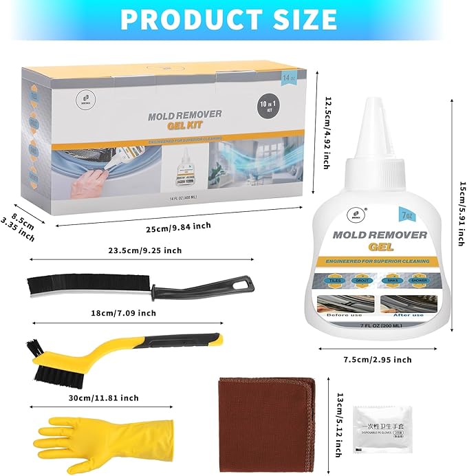 Household Mol-d Remover Gel - Stain Cleaning Gel Kit – 14 FL Oz / 10 in 1 Premium Cleaning – for Washing Machine Seals, Tile Grout, Bathroom, Kitchen, Sink – Includes Brushes, Cloth & Gloves