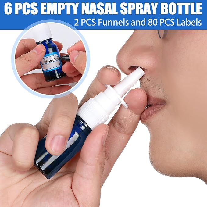 10 Pcs Nasal Spray Bottle, 10ML/0.35OZ 6 Pcs Glass Bule Refillable Fine Mist Nasal Spray Bottles Empty with 2 Pcs Funnels and 2 Pcs Labels