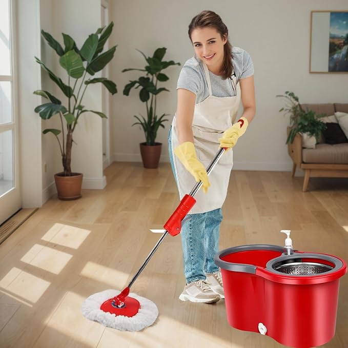 Spin Mop and Bucket with Wringer Set, 360° Spinning Mop Bucket System with 3 Microfiber Mop Replacement Heads Refills,56" Stainless Steel Extended Handle for Floor Cleaning Home(20QT) (Green) (Red)