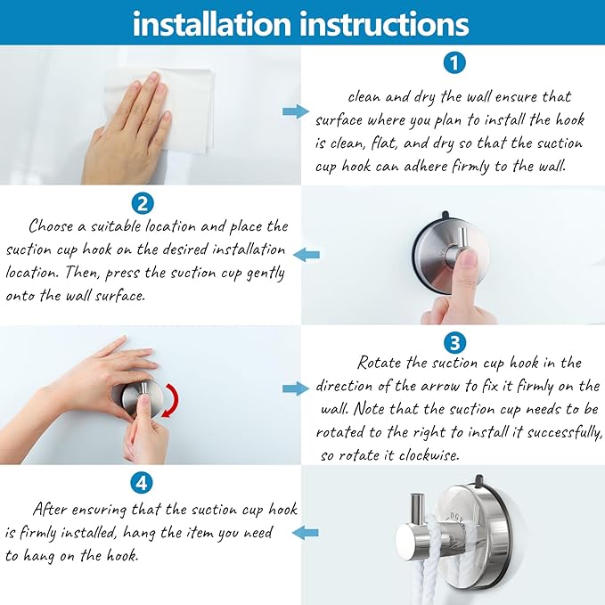 DGYB Suction Cup Hooks - 15LB Shower Hooks for Inside Shower, Stainless Steel No Drill Wall Hook Set of 4 Chrome Towel Hook for Bathrooms, Loofah, Robe