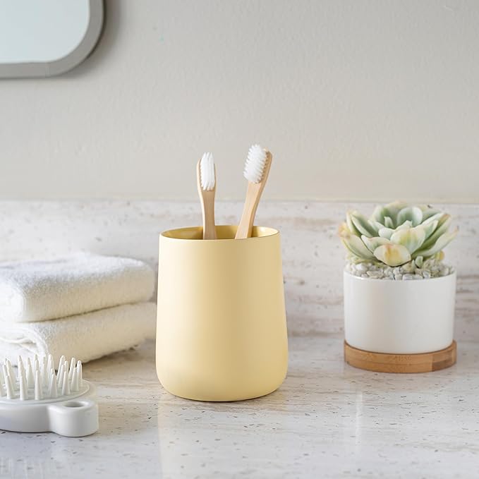 Yew Design Matte Yellow Cream Toothbrush and Toothpaste Holder and Cup for Bathroom Vanity and Countertop, Round Organizer for Electric Toothbrushes, Floss, Razors, Cotton, and Mouthwash