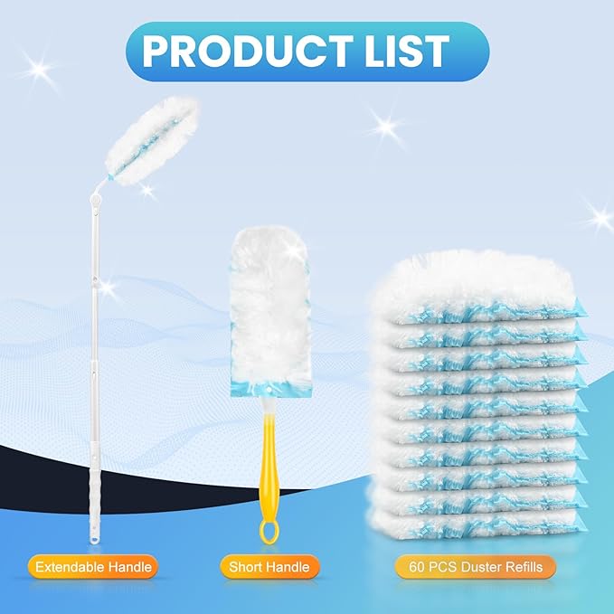 Duster Refills Compatible with Swiffer Duster, 60 Count Heavy Duty Duster Refills with 1 Short Handle + 1 Extenda Handle, Multisurface 360° Dusters with 4X Microfibers, Unscented Dusters for Cleaning